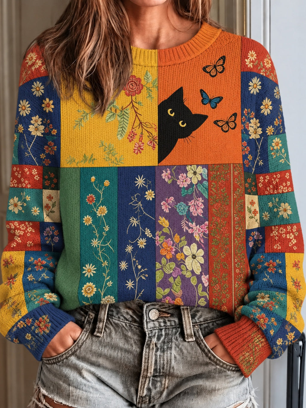 Women's Retro Colorful Black Cat With Floral Pattern Art Casual Knit Sweater