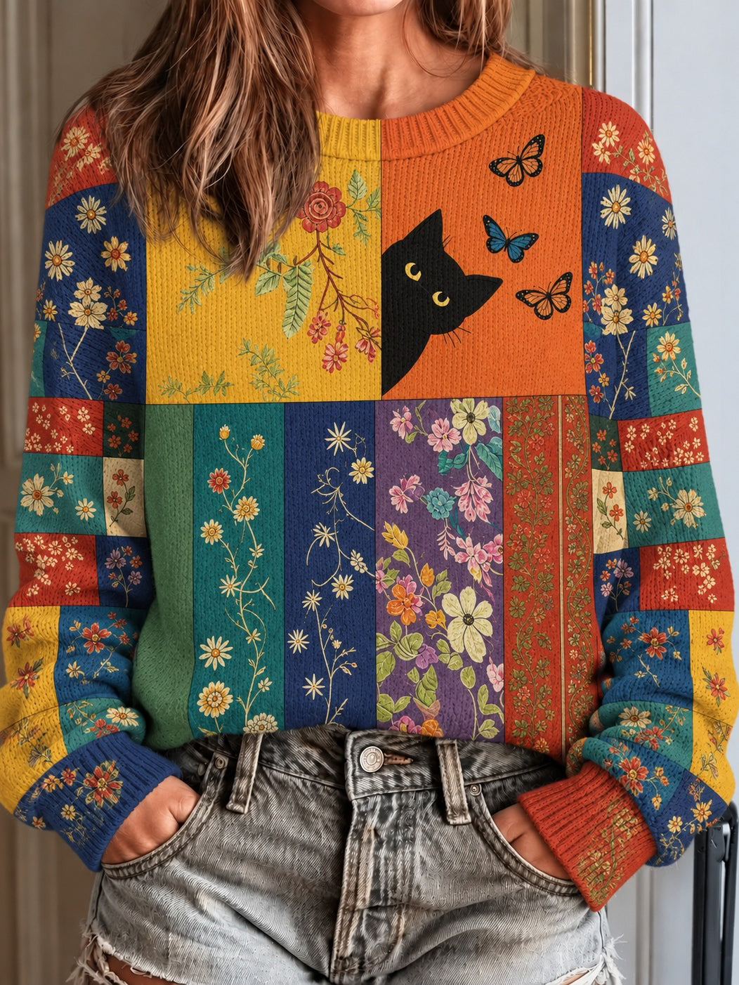 Women's Retro Colorful Black Cat With Floral Pattern Art Casual Knit Sweater