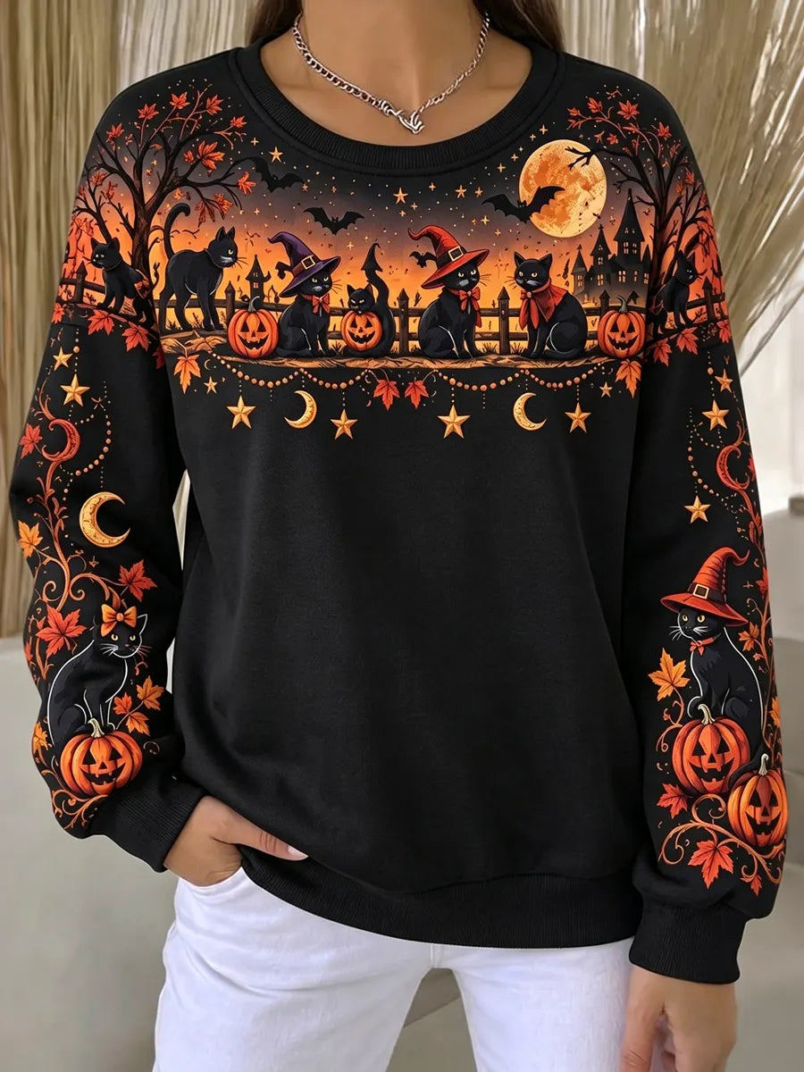 Women's Halloween Black Cat And Pumpkin Art Print Crewneck Sweatshirt