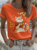 Women's Casual Autumn Animal Cat Print T-shirt