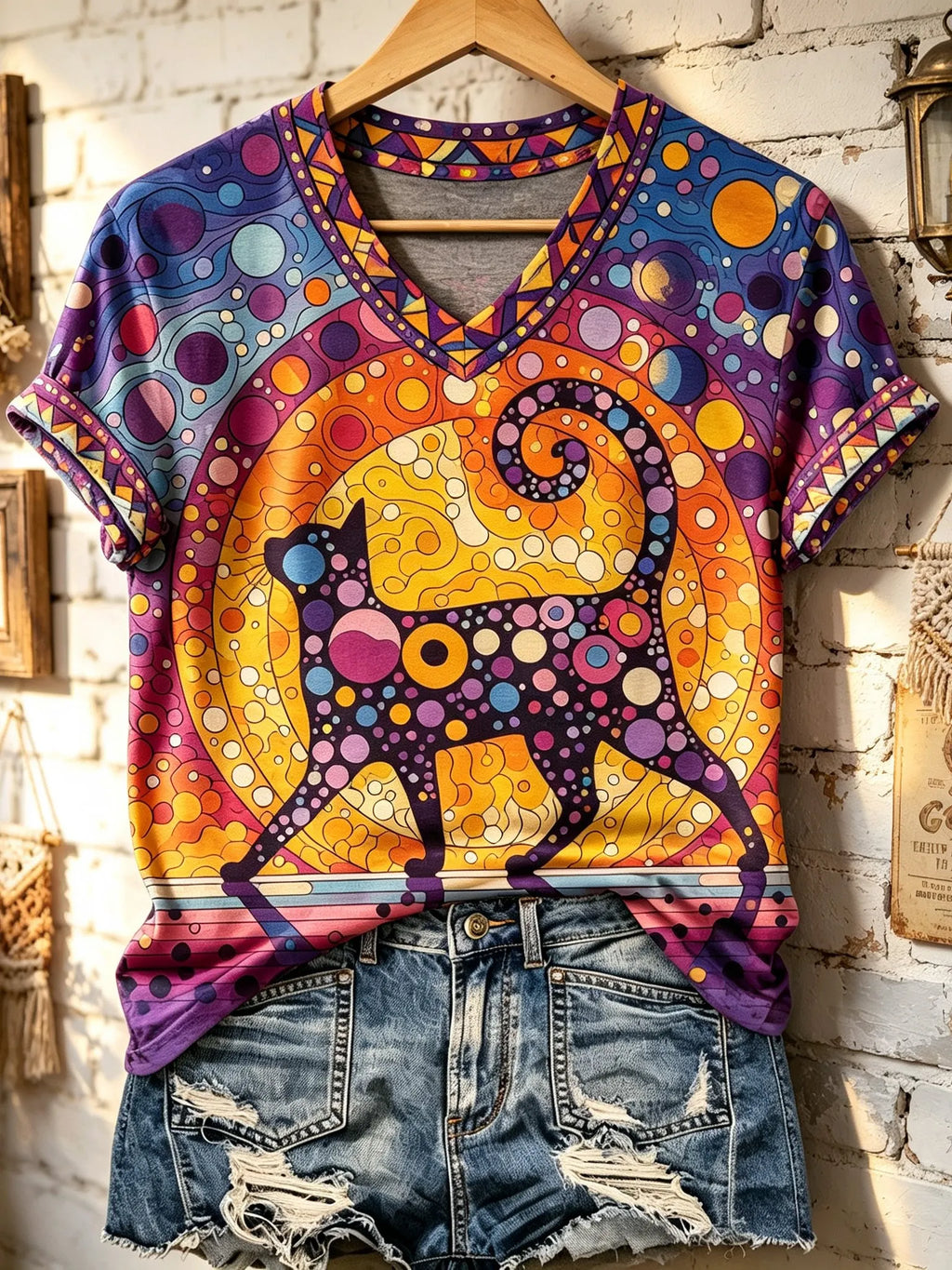Women's Retro Bohemian Geometric Cat Print T-shirt