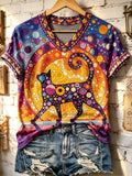 Women's Retro Bohemian Geometric Cat Print T-shirt