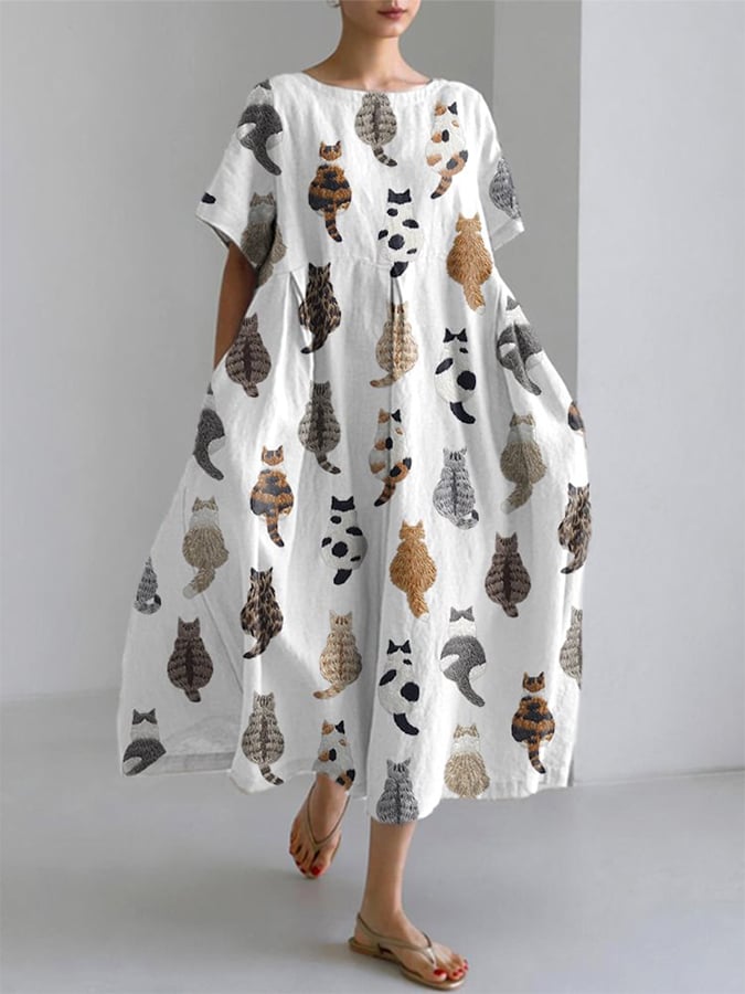 🐾 Buy 3 Save 10%🐱Women's Cute Cats Embroidery Print Short Sleeve Midi Dress💛100% For Shelter Pets🐱🐶