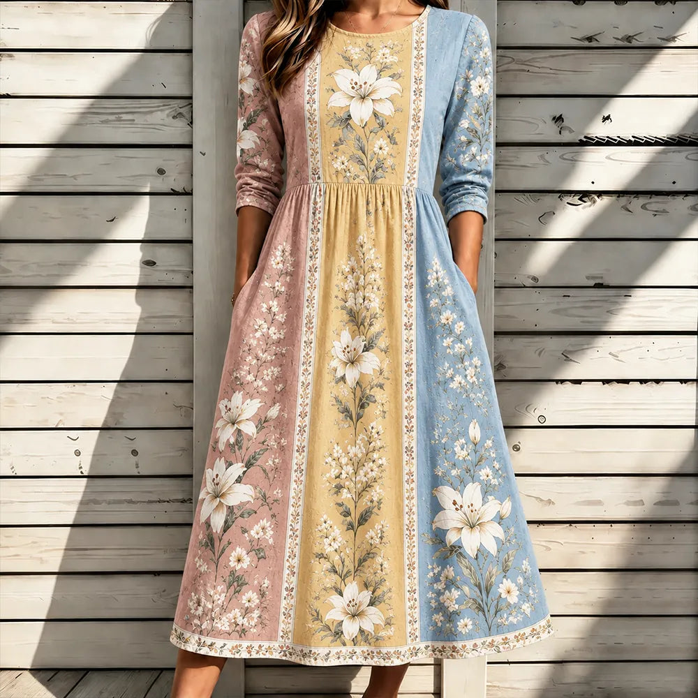 Women's Floral Vertical Stripe Color Block Long Sleeve Midi Dress