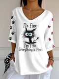 🐾Buy 3 Save 10%🐱Women's Retro It'S Fine I'M Fine Everything Is Fine Cat Print Mid Sleeve T-Shirt💛100% For Shelter Pets🐱🐶