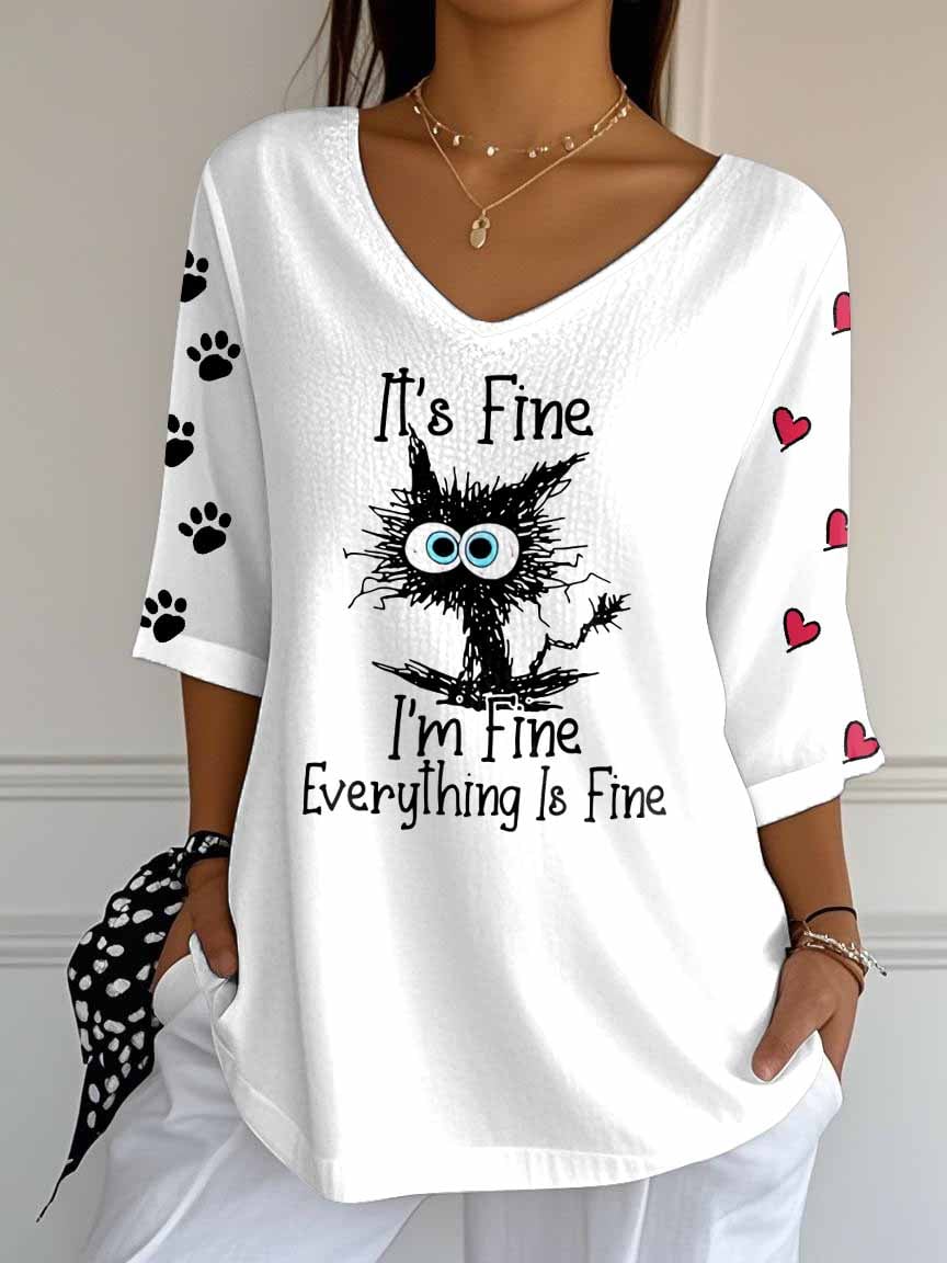 🐾Buy 3 Save 10%🐱Women's Retro It'S Fine I'M Fine Everything Is Fine Cat Print Mid Sleeve T-Shirt💛100% For Shelter Pets🐱🐶