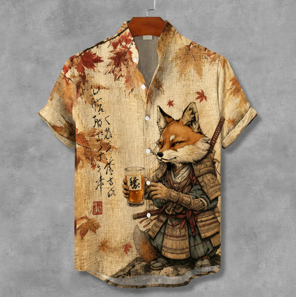 Men's Retro Samurai Fox Drinking Tea In Fall Japanese Ukiyo-e Graphic Print Short Sleeve Shirt