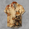 Men's Retro Samurai Fox Drinking Tea In Fall Japanese Ukiyo-e Graphic Print Short Sleeve Shirt