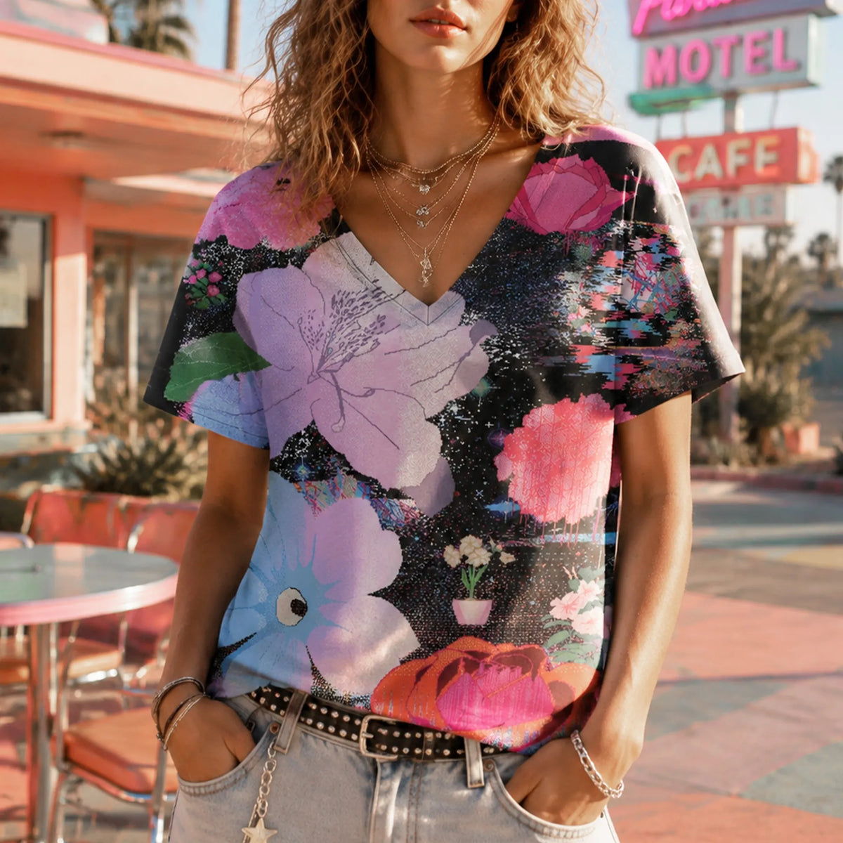 Women's Retro Bohemian Y2k Colorful Starry Sky Floral Loose Casual T-shirt