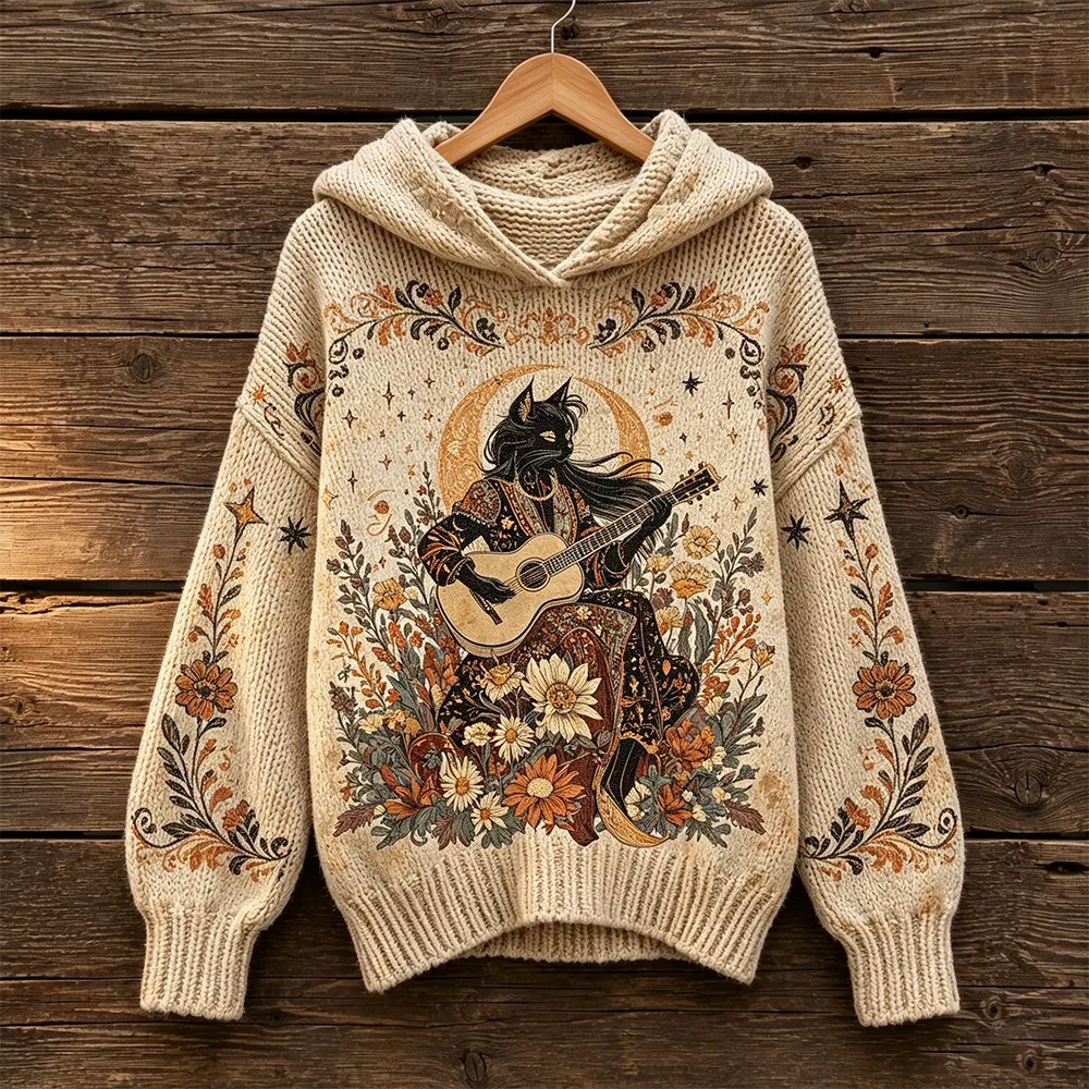 Women's Bohemian Style Floral Moon Black Cat Guitar Pattern Knitted Hooded Sweater