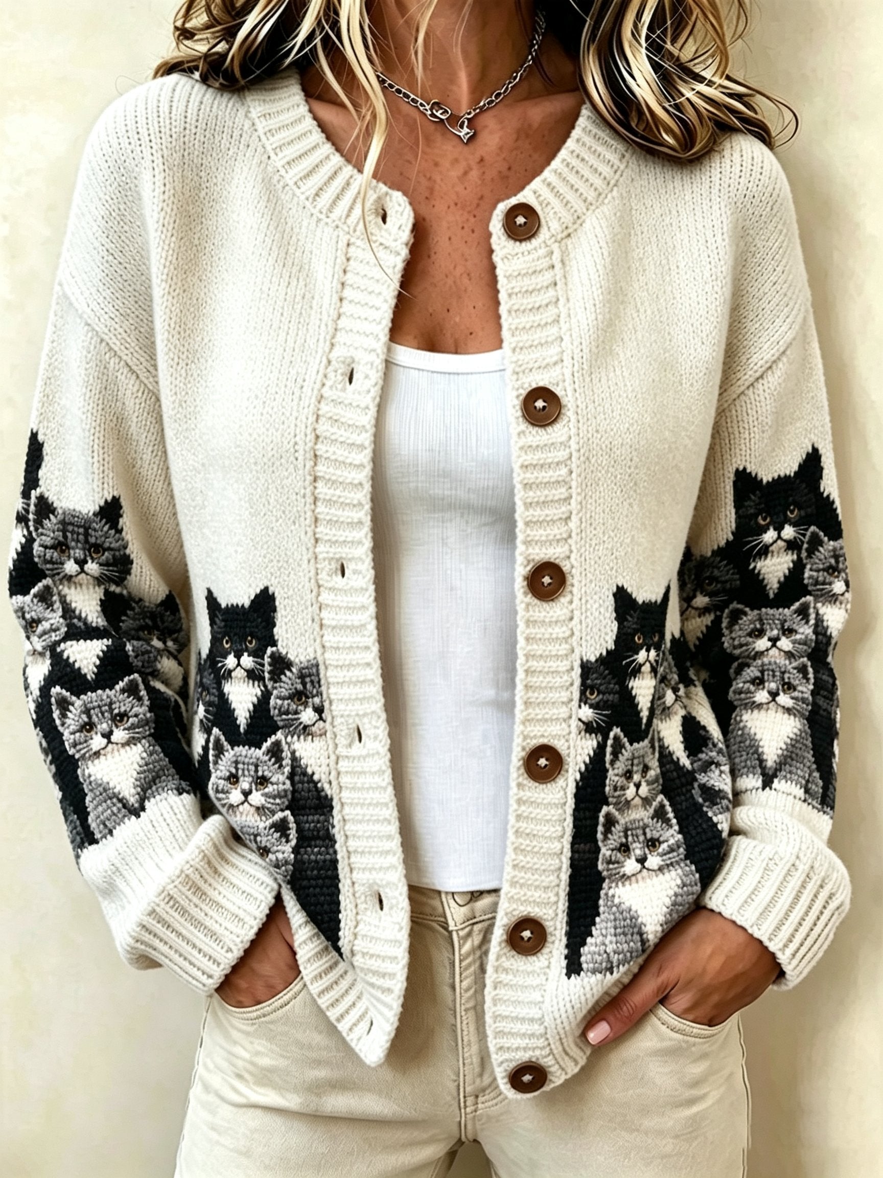 Women's Retro Cat Print Sweater Jacket