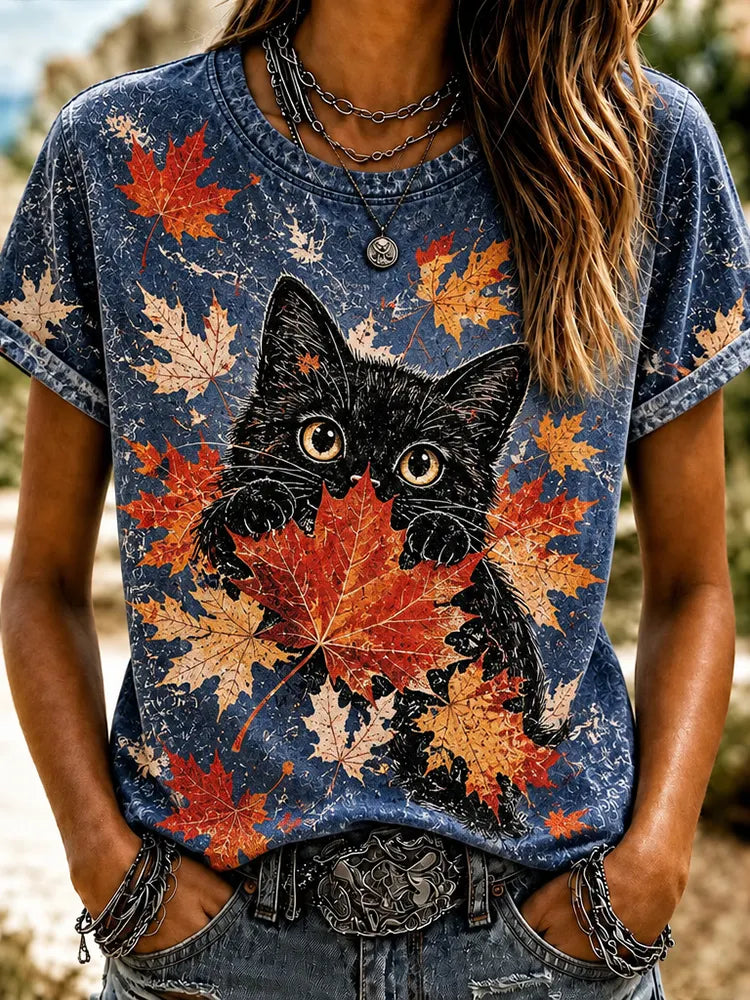 Women's Maple Leaf And Black Cat Print Crew Neck Short Sleeve T-shirt