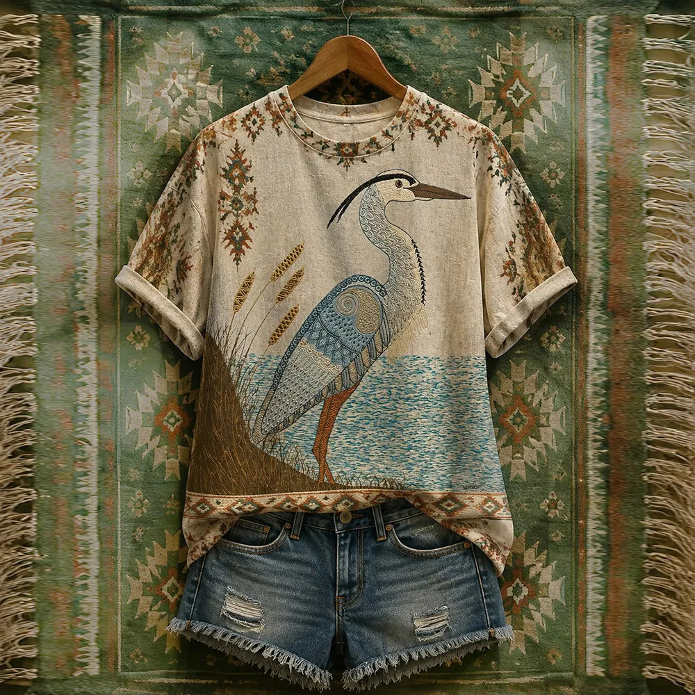 Women's Bird Standing By The Water Art Crew Neck Top