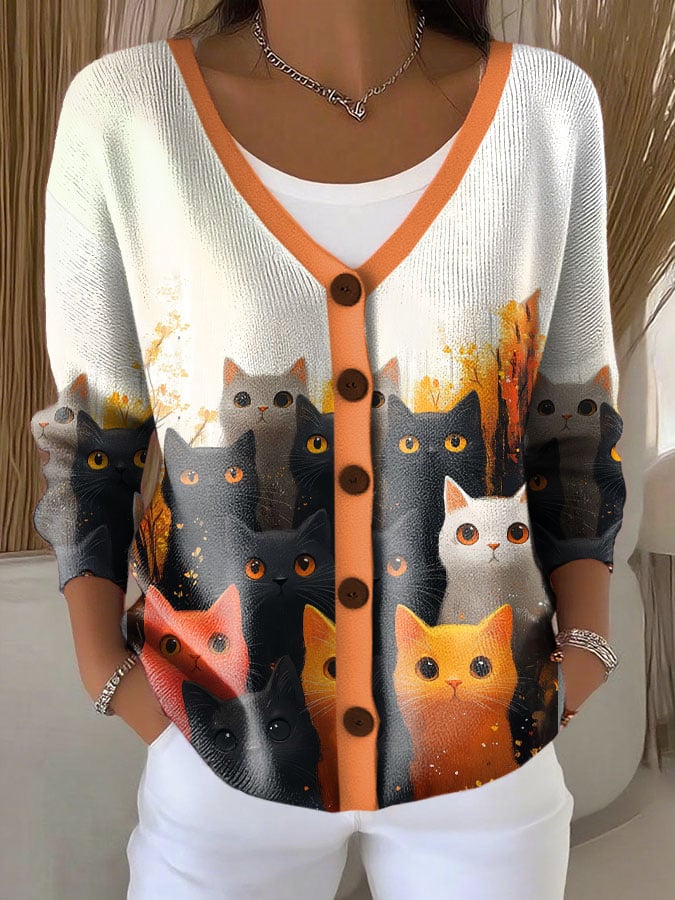 Women's Cute Cat Print Chunky Knit Cardigan