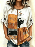 Women's Cotton Linen Retro Cat Print Shirt