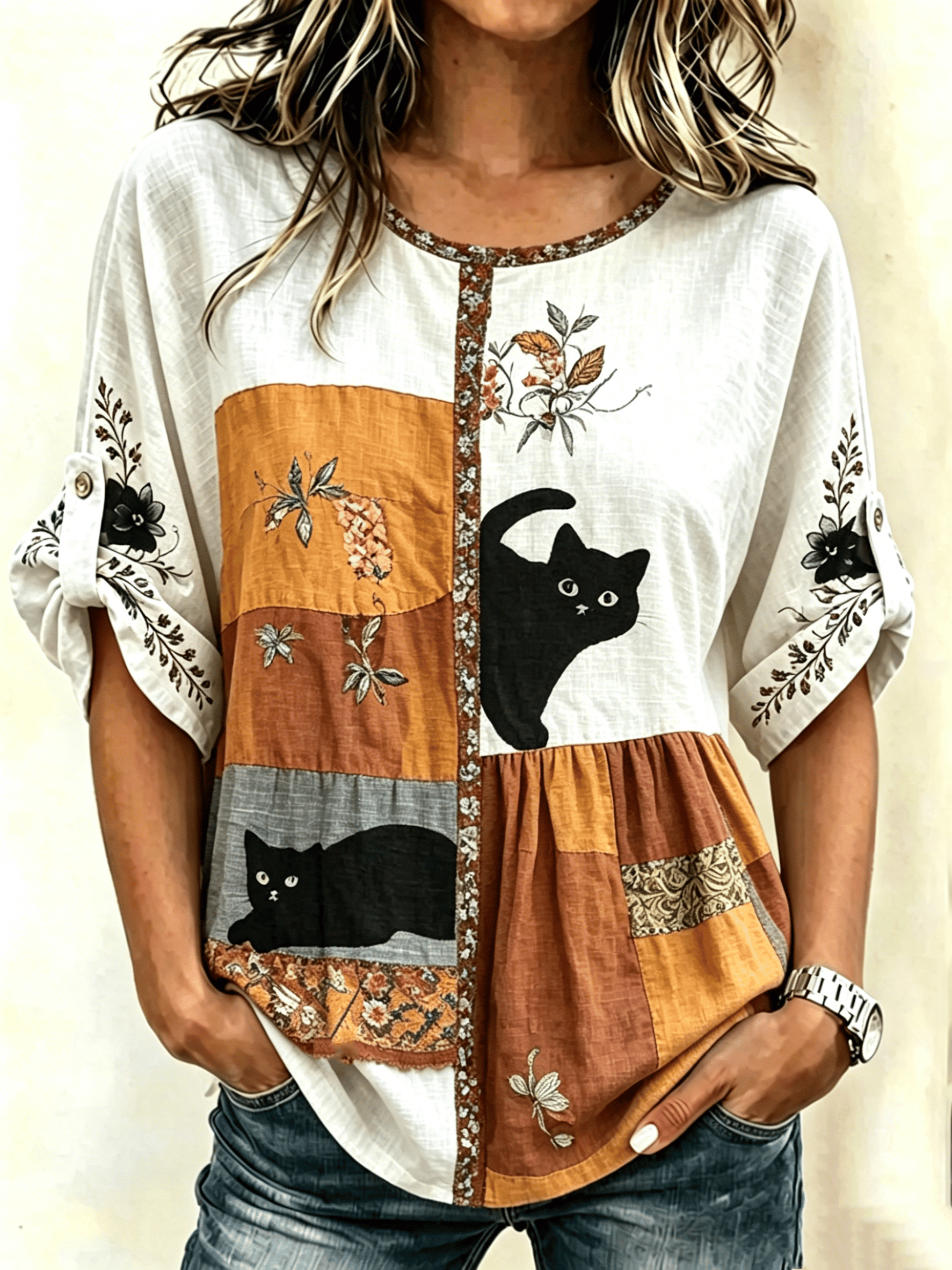 Women's Cotton Linen Retro Cat Print Shirt