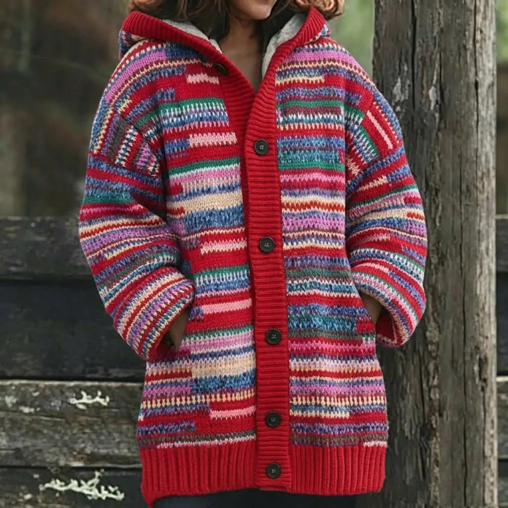 Women's Retro Geometric Stripe Jacquard Thermal Hooded Cardigan