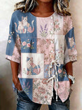 Women's Denim Cat Portrait Patchwork Art Print Casual Top