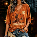 Women's Halloween Witch Short-sleeve Top With A Broom And A Cat