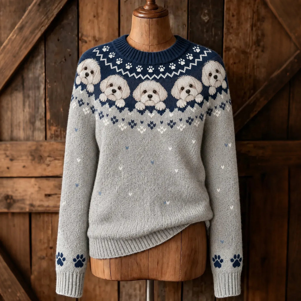 Women's Retro Maltese Puppy Pattern Cozy Fair Isle Style Knit Sweater