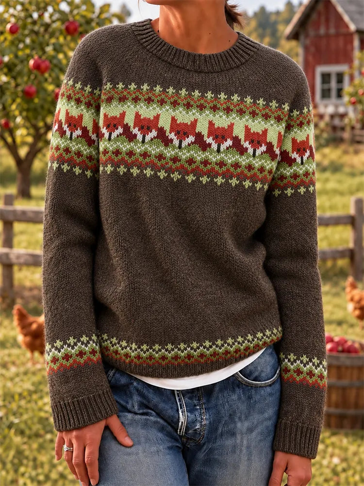 Women's Vintage Fox Jacquard Knit Cozy Crew Neck Sweater