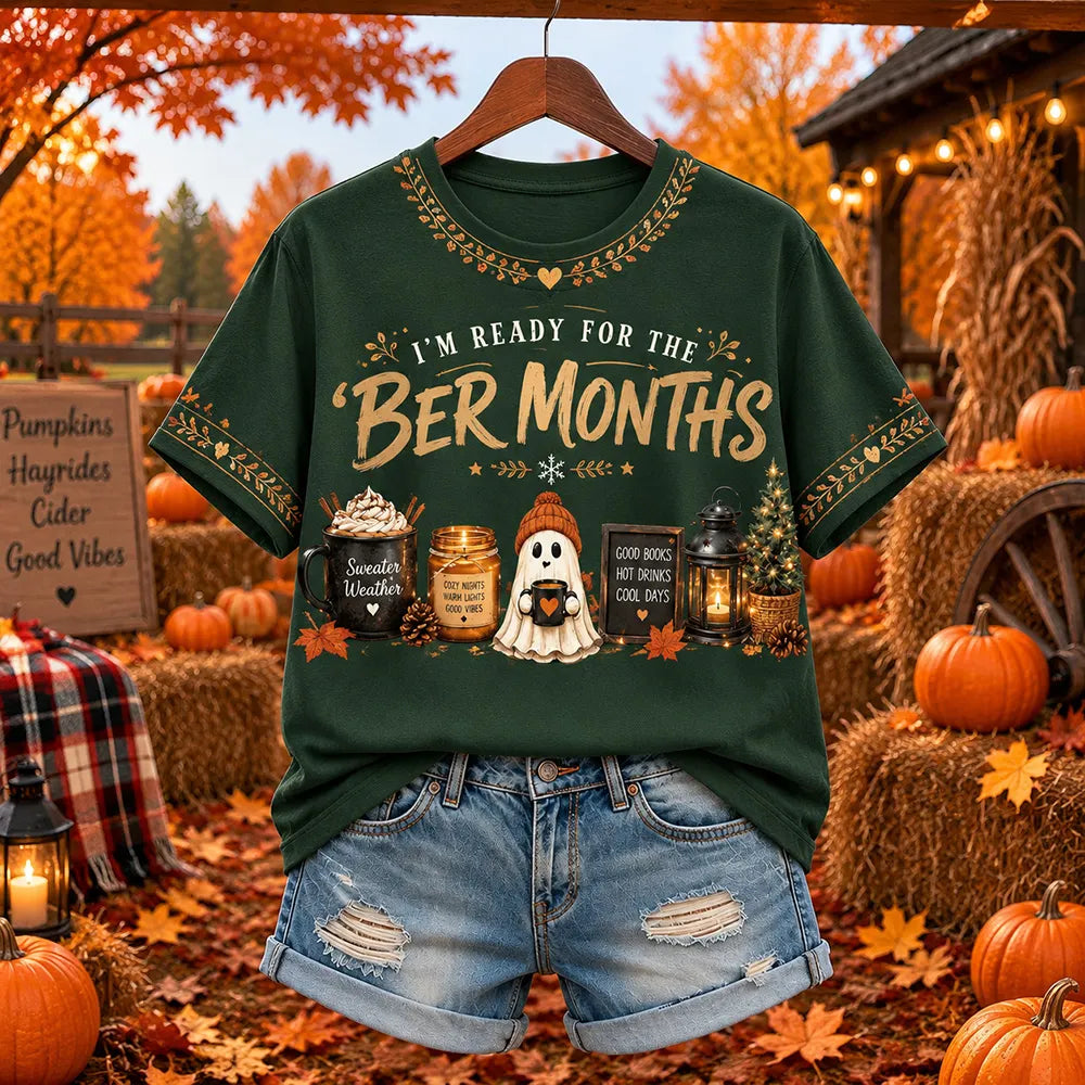 Women's "i'm Ready For The 'ber Months" Pumpkin Spice Ghost And Holiday Icons Graphic T-shirt