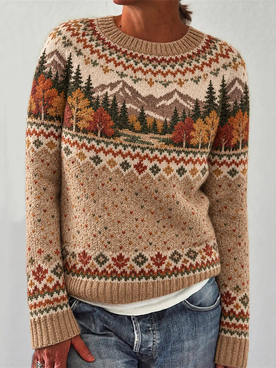 Women's Vintage Autumn Landscape Pattern Design Leisure Long Sleeve Sweater
