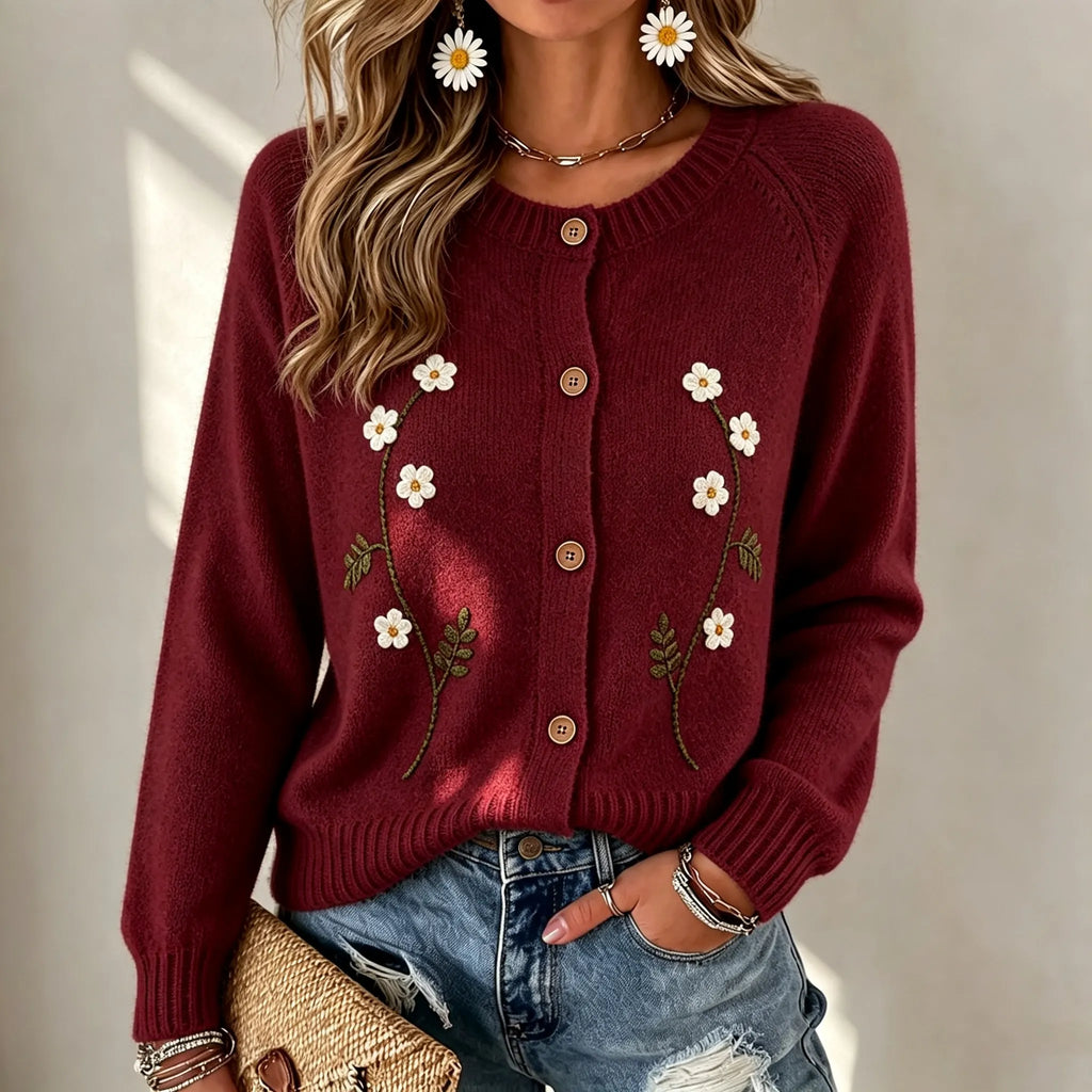 Women's Casual Floral Embroidery Plain Knit Cozy Cardigan
