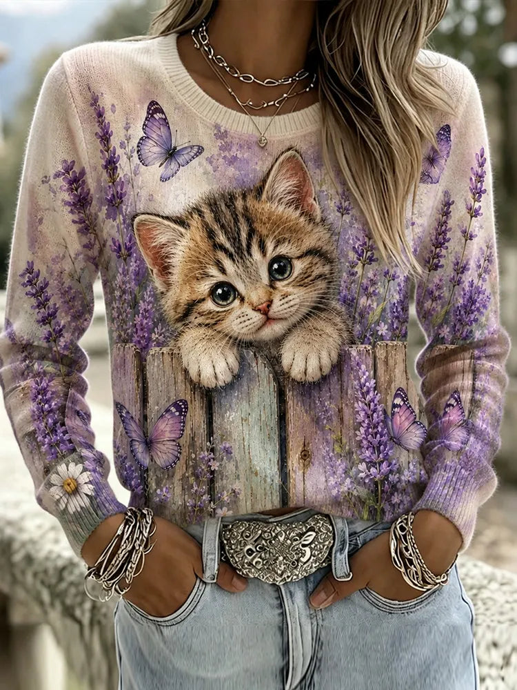 Women's Kitten And Floral Art Print Crewneck Sweater
