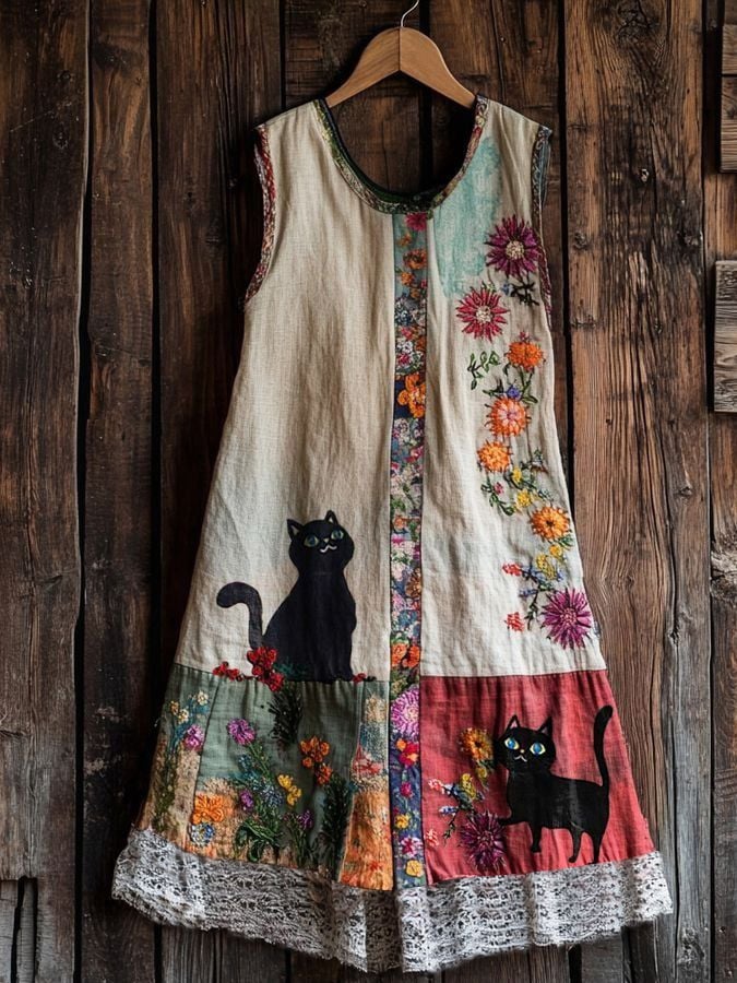 🐾Buy 3 Save 10%🐱Women's Cute Cat In The Garden Sleeveless Round Neck Dress💛100% For Shelter Pets🐱🐶
