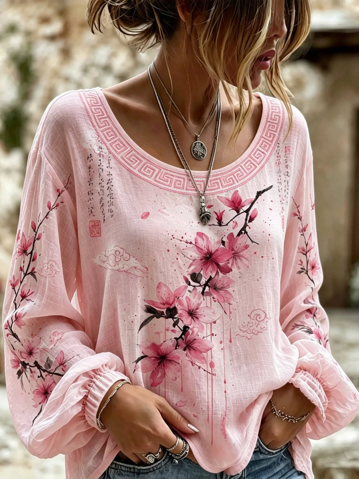 Women's Bohemian Japanese Cherry Blossom Print Top
