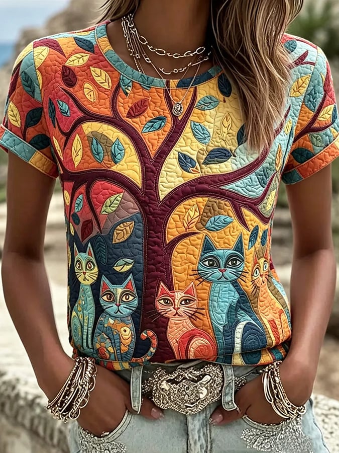 Women's Geometric Group Cat Printed Vintage Fashion Loose Short Sleeve T-Shirt