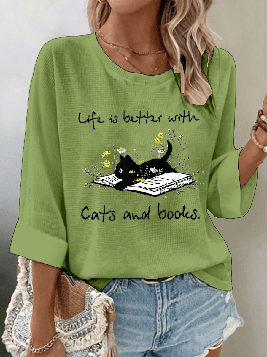 Women's Life Is Better With Cats And Books Print Waffle Fabric 3/4 Sleeve Top