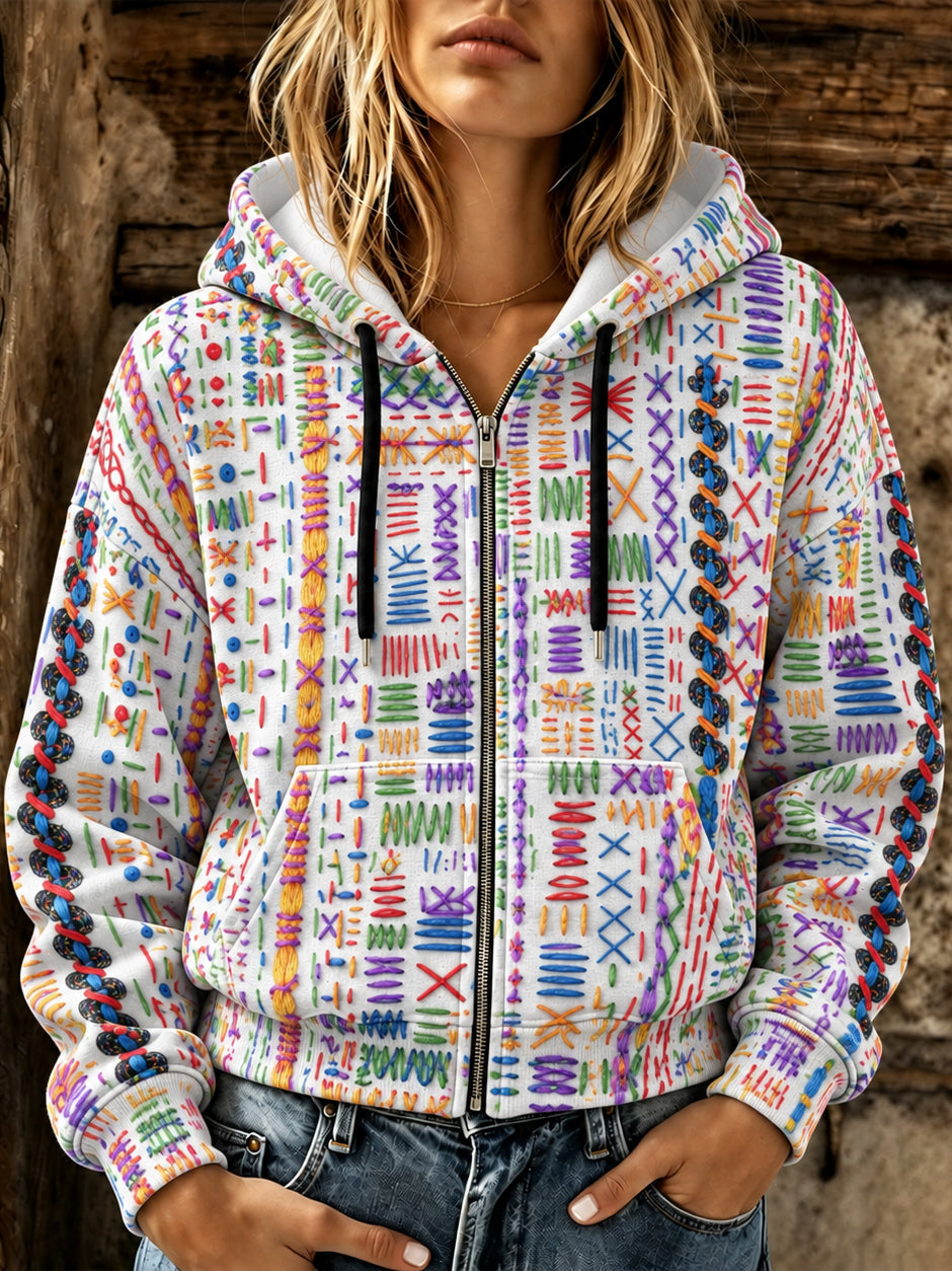Women's Vintage Geometric Art Print Casual Zipper Hoodie