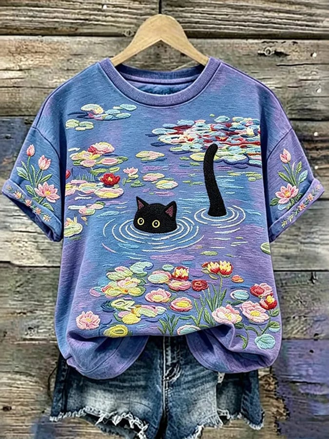 🐾 Buy 3 Save 10%🐱Women'S Casual Short-Sleeve Crew-Neck T-Shirt With Cute Cat Print💛100% For Shelter Pets🐱🐶