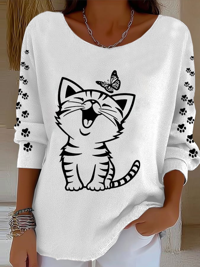 Women'S Cute Cat Print Casual Knitted Top
