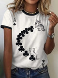 Women's Cat Playing Cards Retro Print Short-Sleeved T-Shirt