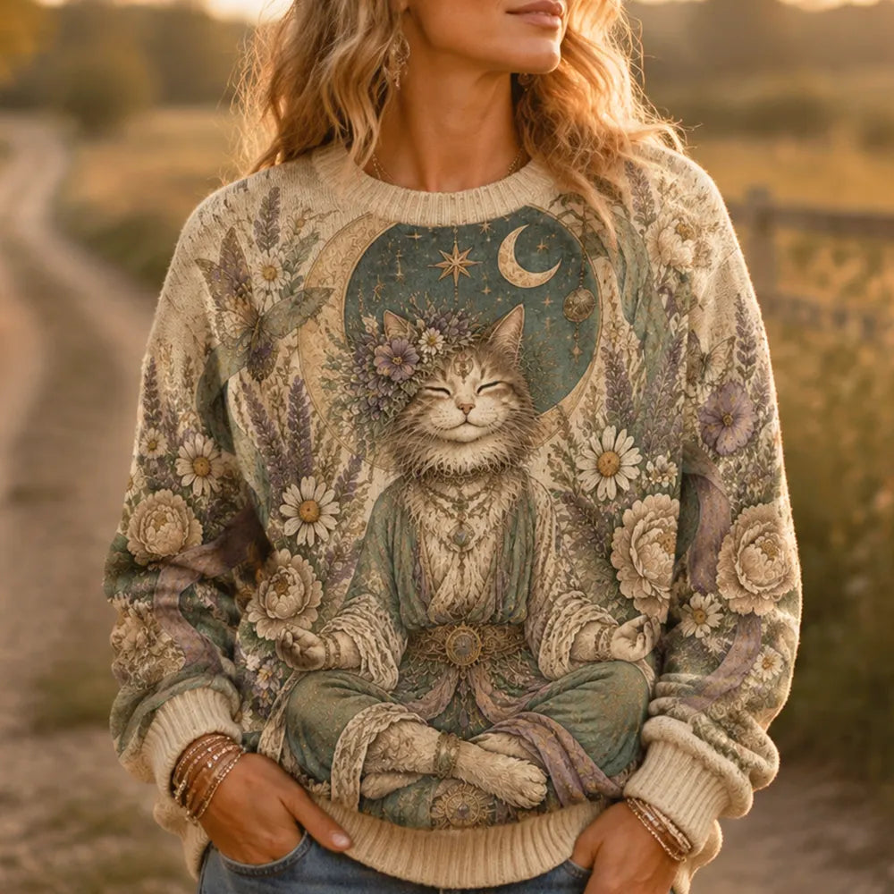 Women's Floral Moon Meditating Cat Graphic Knit Sweater