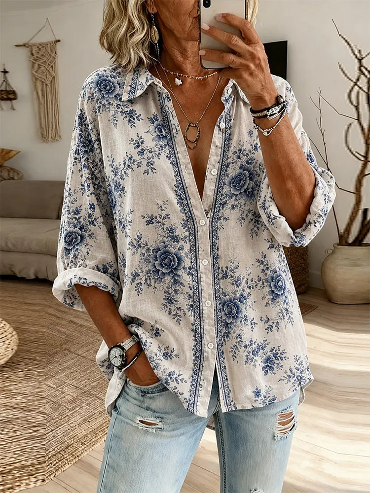 Women's Vintage Floral Art Print Flowy Linen Blend Long Sleeve Shirts