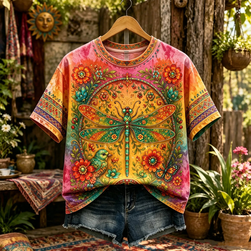 Vintage Hippie Bohemian Style Dragonfly Peace Symbol Floral Print T-shirt