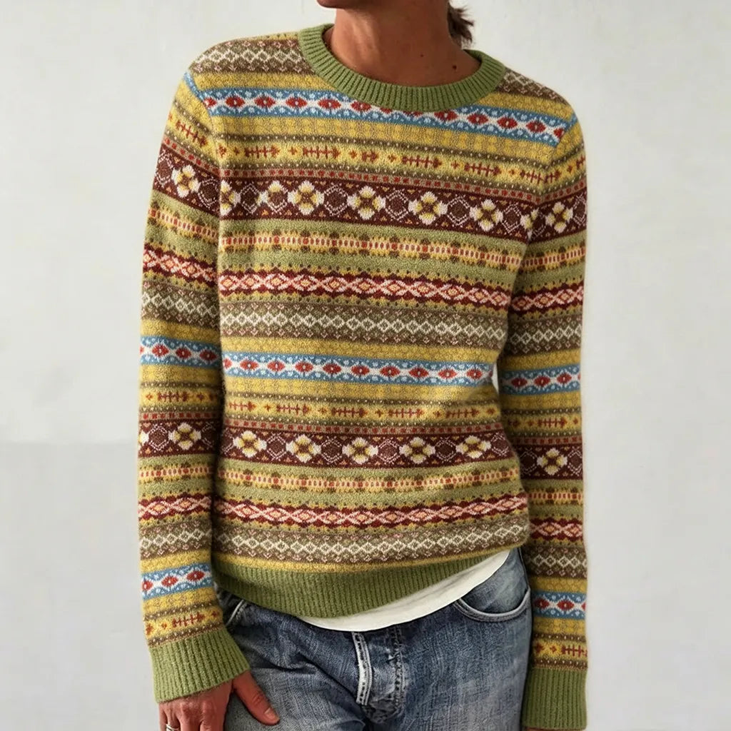 Women's Retro Geometric Stripe Jacquard Warm Crew-neck Sweater
