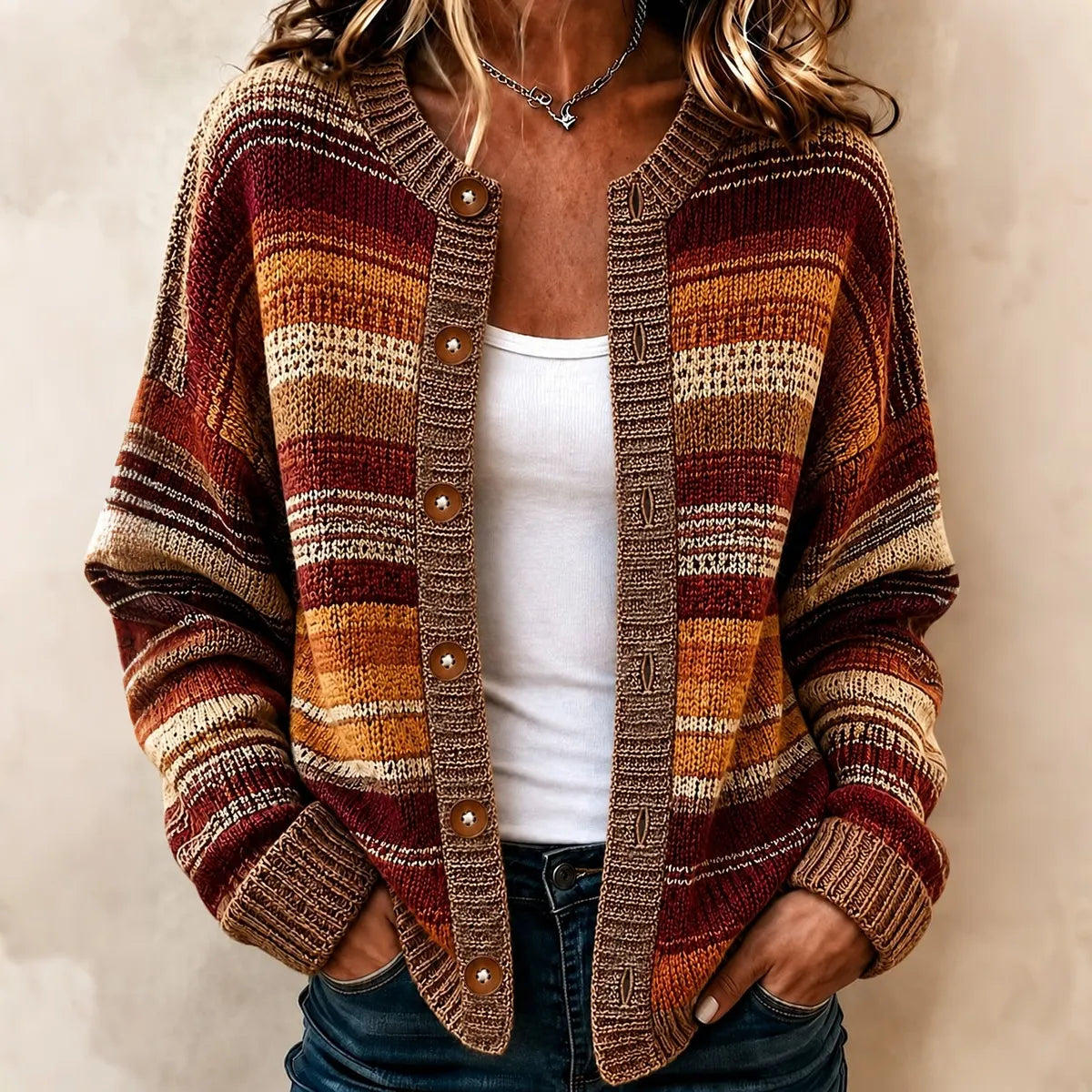 Women's Bohemian Retro Striped Art Print Knit Button Cardigan