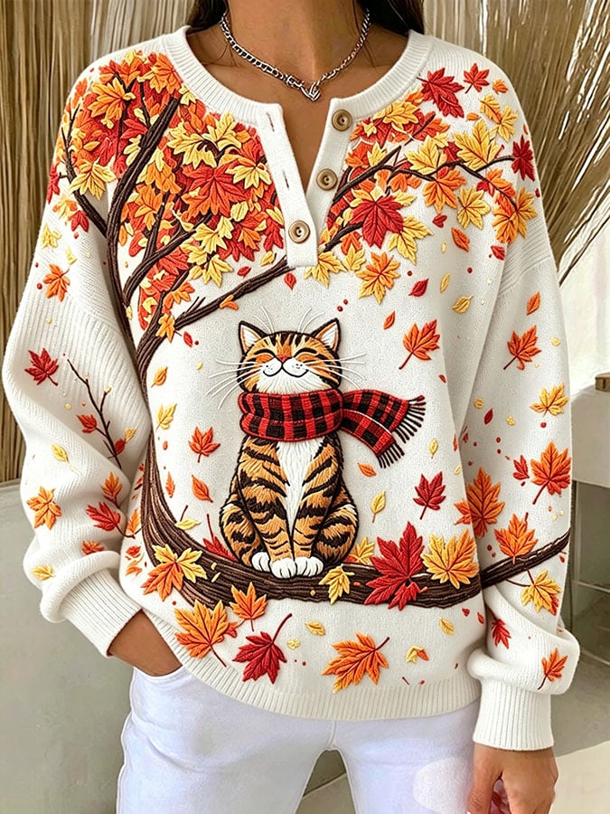 Women's Casual Print Button-Up Collar Knit Top