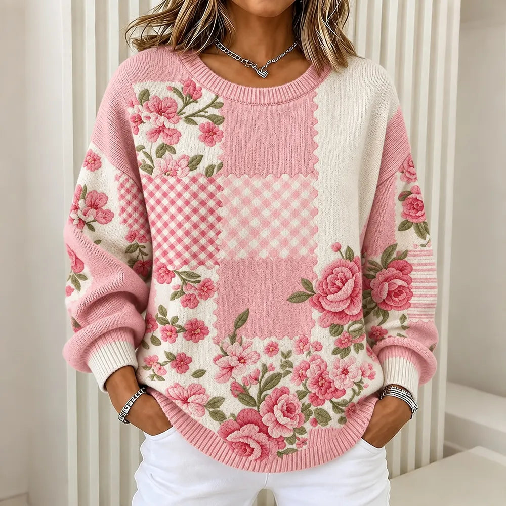 Women's Retro Floral With Plaid Pattern Art Casual Knit Sweater