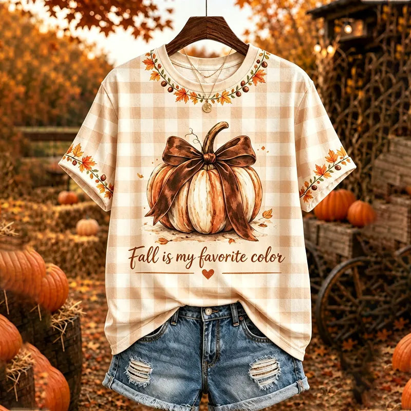 Fall Is My Favorite Color Pumpkin Print Plaid Short-sleeve Top