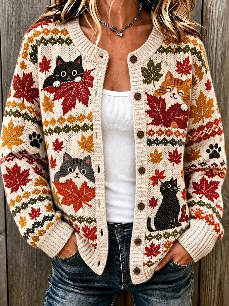 Women's Maple Leaf Black Cat Paw Print Crew Neck Cardigan