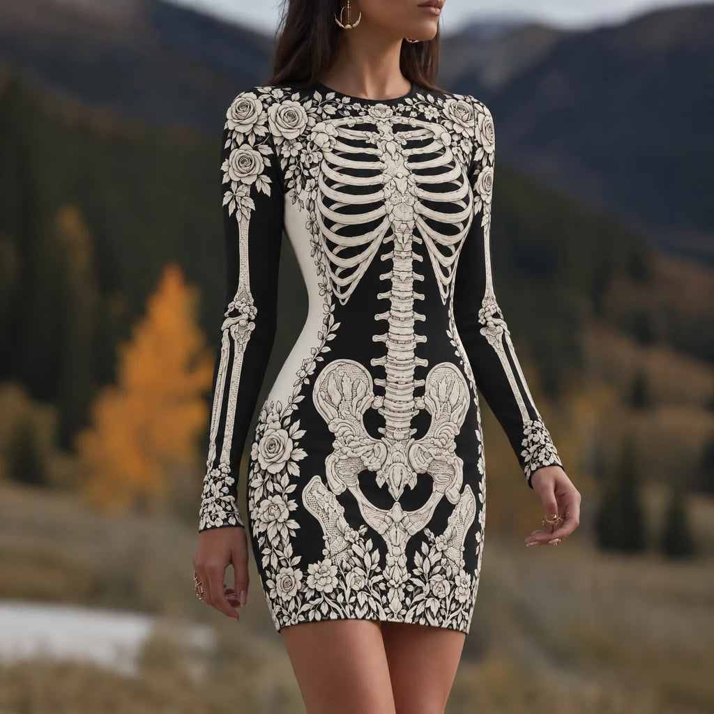 Women's Vintage Halloween Fall Skeleton Art Comfy Mini Bodycon Dress