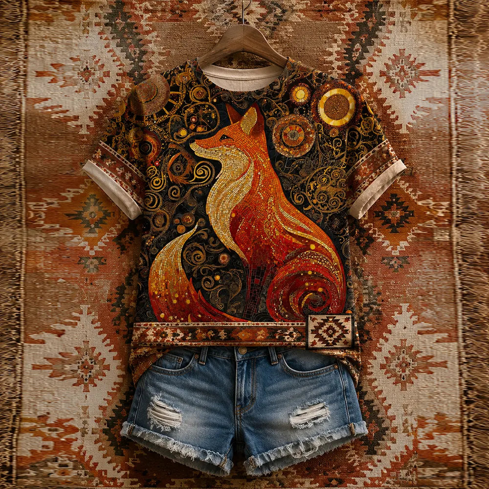 Women's Sitting Fox Art Crewneck Top