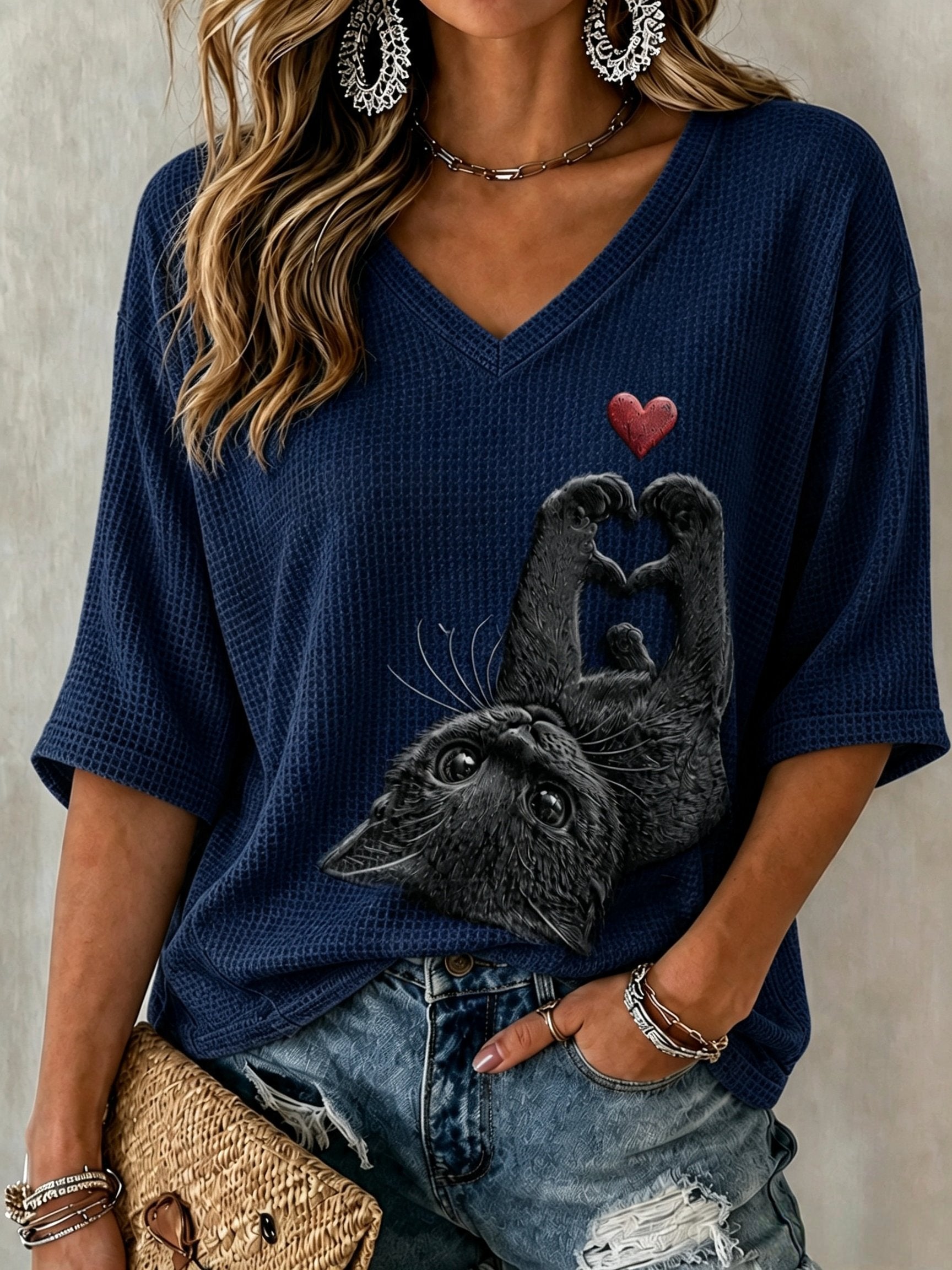Women's Vintage Casual Cat Print T-Shirt