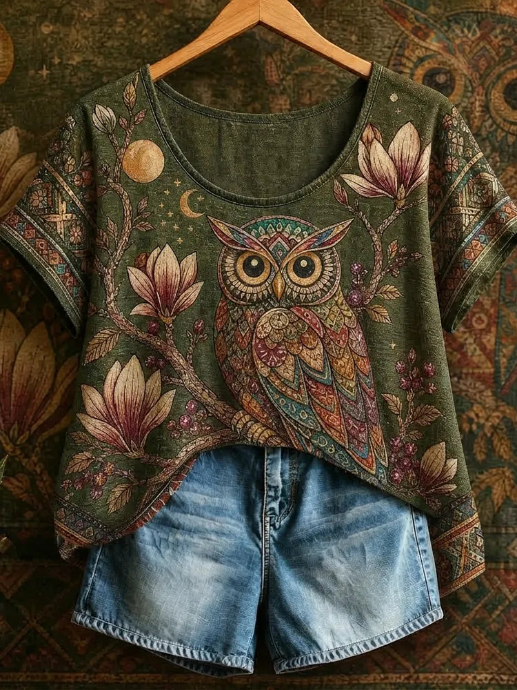 Women's Owl Floral Print Short-sleeve T-shirt
